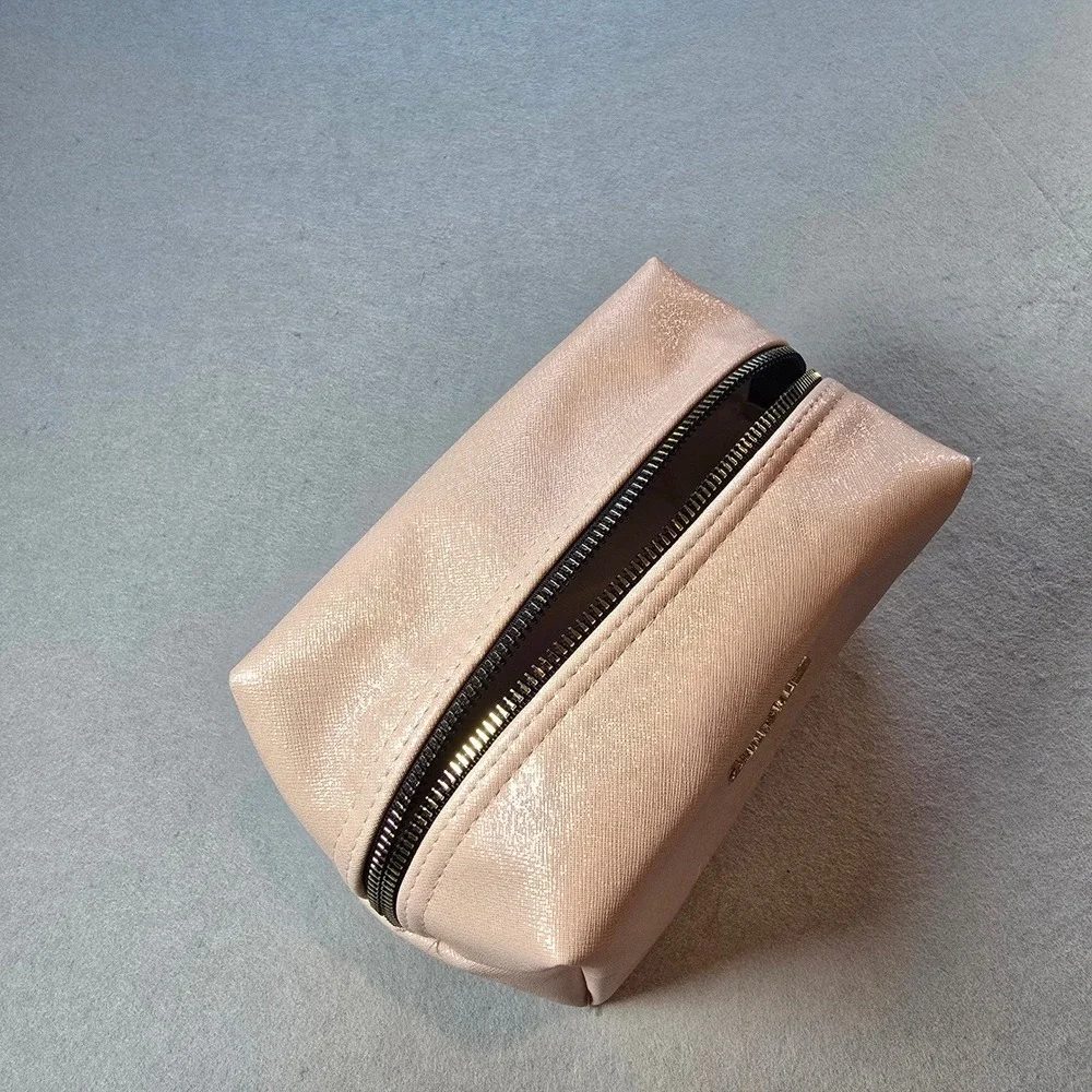 Nicole Miller New York Rose Gold Saffiano Faux Leather Cosmetic Makeup Bag Pouch